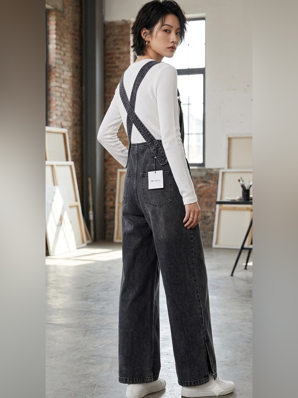 MO&Co. Washed Black Denim Wide Leg Overalls Jumpsuit - NWT Size S (2/4)